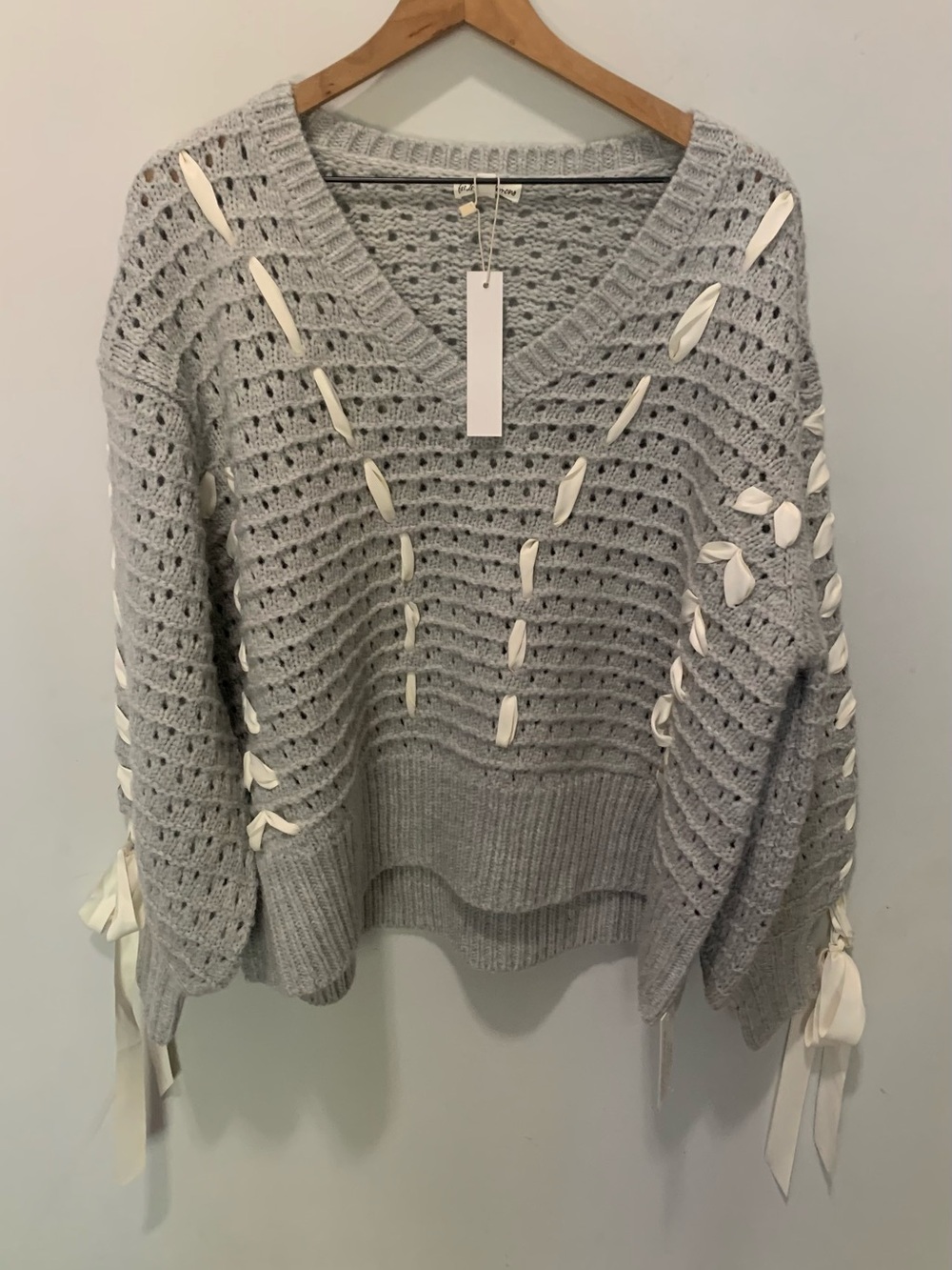 NWT For Love And Lemons Liberty Oversized Lace Up Wool Blend Sweater Gray Size S